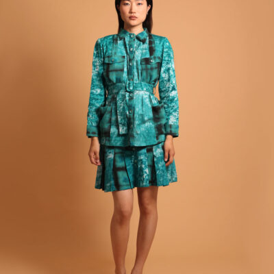 Saharienne turquoise/verte à motif pour femme, turquoise safari jacket for women