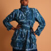 Manteau mi saison bleu à col avec ceinture pour femme - Kroskel et son manteau de luxe pour femme