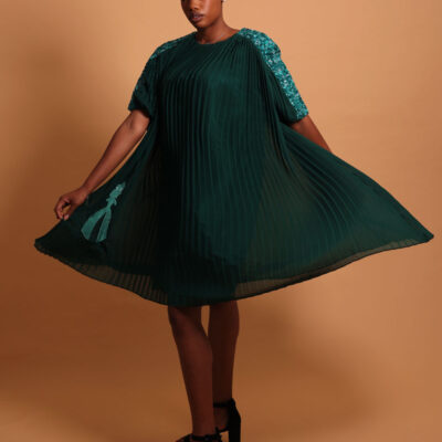 Robe verte plissée mi-longue pour femme - La robe luxe femme Plume