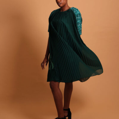 Robe verte plissée mi-longue pour femme - La robe luxe femme Plume
