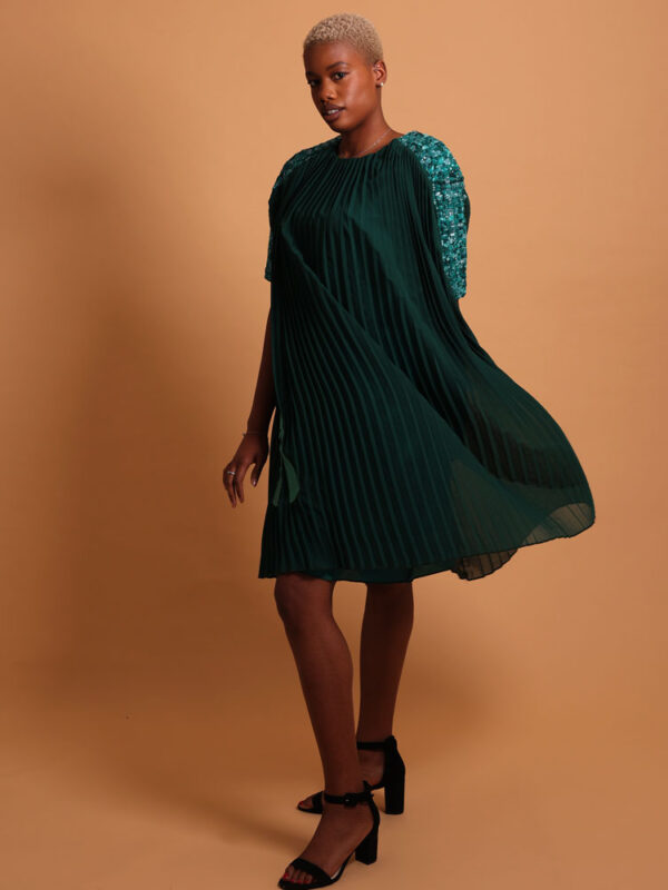 Robe verte plissée mi-longue pour femme - La robe luxe femme Plume