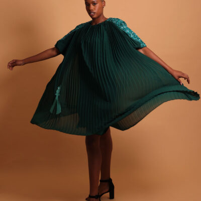 Robe verte plissée mi-longue pour femme - La robe luxe femme Plume