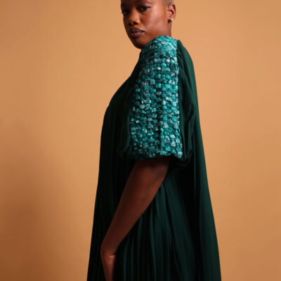 Robe verte plissée mi-longue pour femme - La robe luxe femme Plume