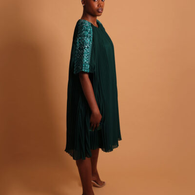 Robe verte plissée mi-longue pour femme - La robe luxe femme Plume