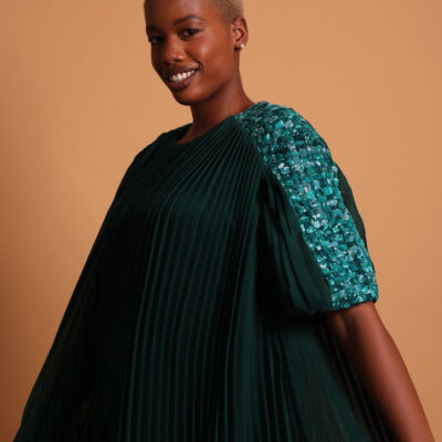 Robe verte plissée mi-longue pour femme - La robe luxe femme Plume